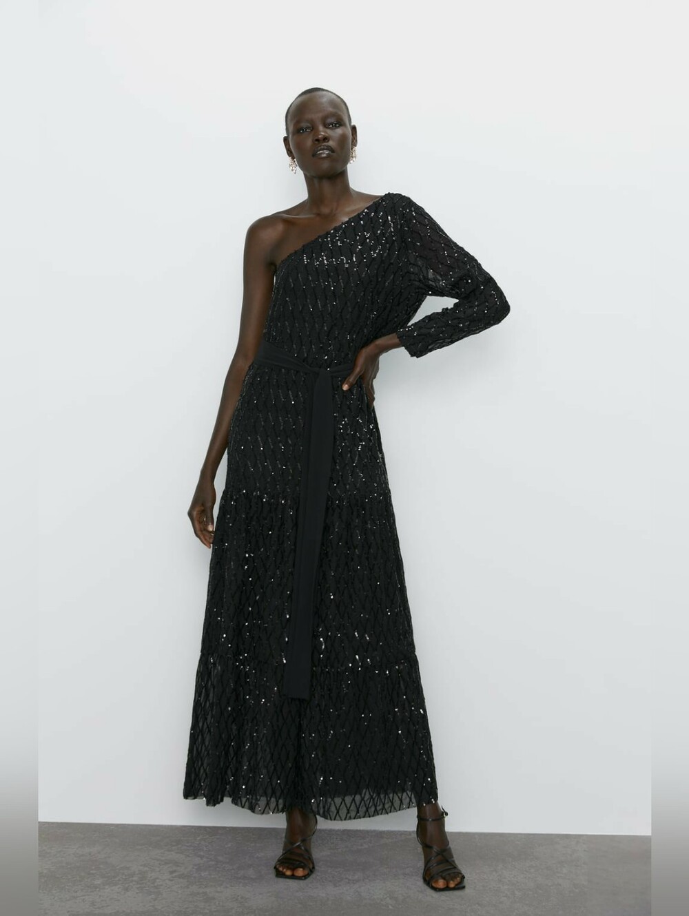 ZARA One-Shoulder Black Sequin Asymmetrical Maxi Dress